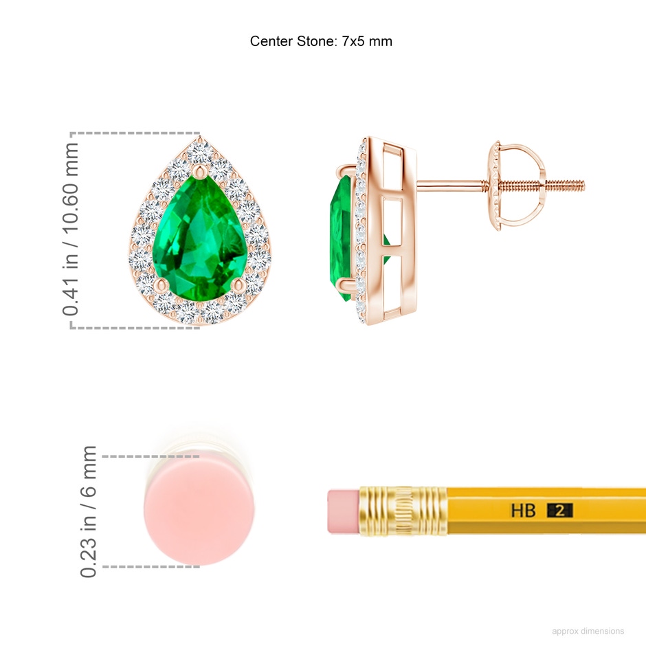 7x5mm AAA Pear-Shaped Emerald Halo Stud Earrings in Rose Gold ruler