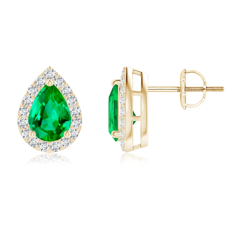 7x5mm AAA Pear-Shaped Emerald Halo Stud Earrings in Yellow Gold 