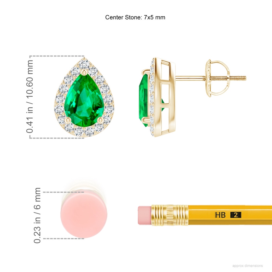 7x5mm AAA Pear-Shaped Emerald Halo Stud Earrings in Yellow Gold ruler