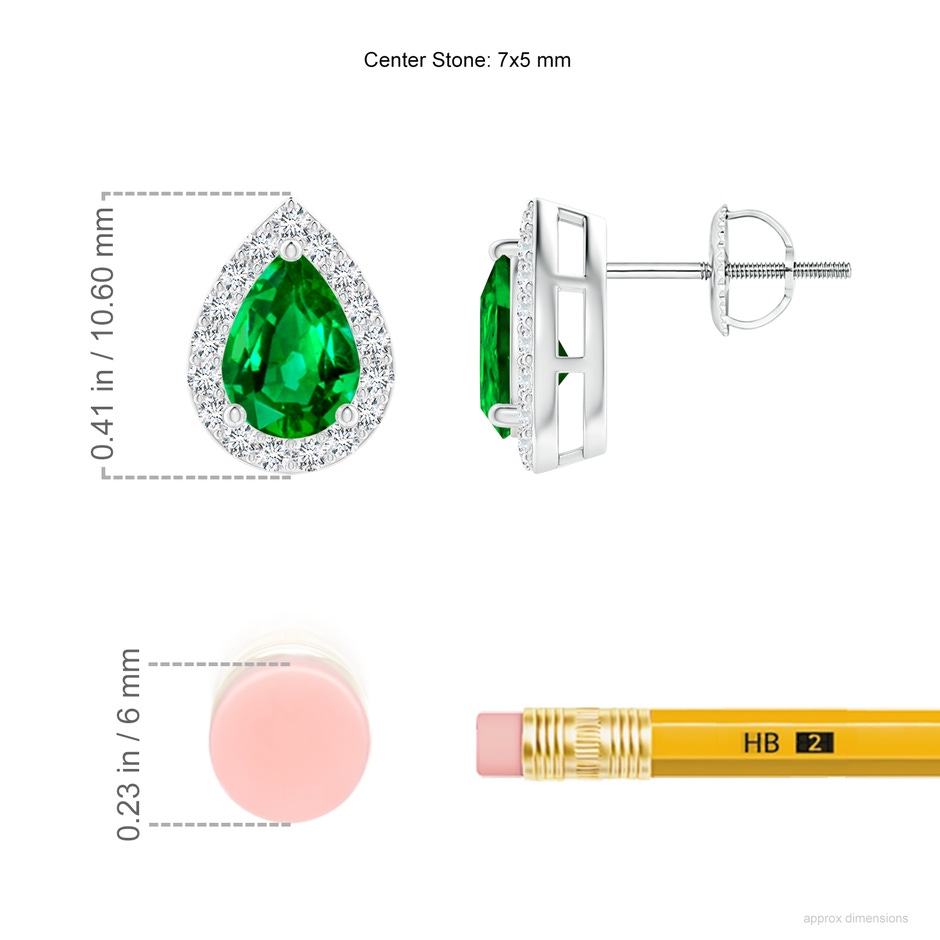 7x5mm AAAA Pear-Shaped Emerald Halo Stud Earrings in P950 Platinum ruler
