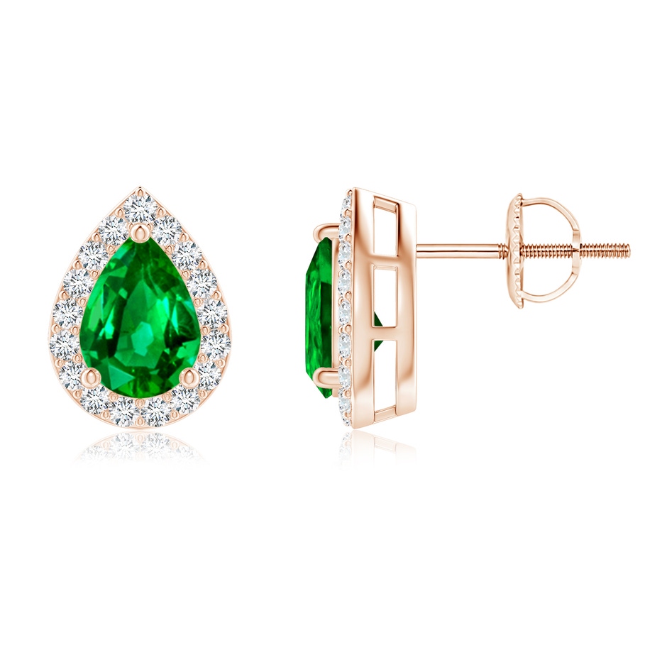 7x5mm AAAA Pear-Shaped Emerald Halo Stud Earrings in Rose Gold 