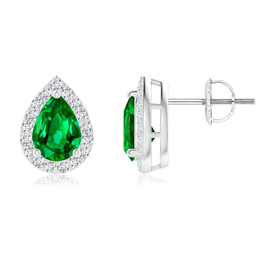7x5mm AAAA Pear-Shaped Emerald Halo Stud Earrings in White Gold 