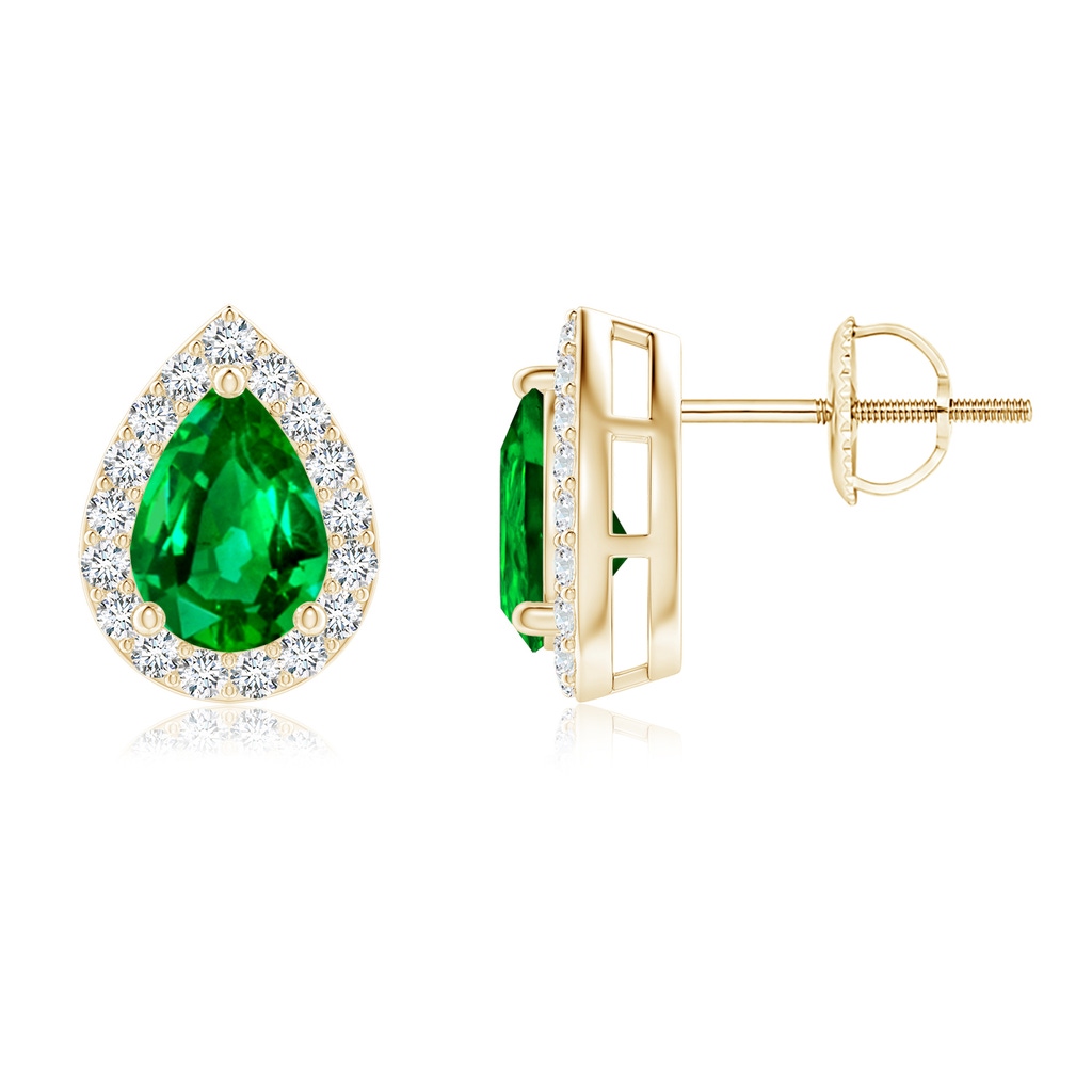 7x5mm AAAA Pear-Shaped Emerald Halo Stud Earrings in Yellow Gold