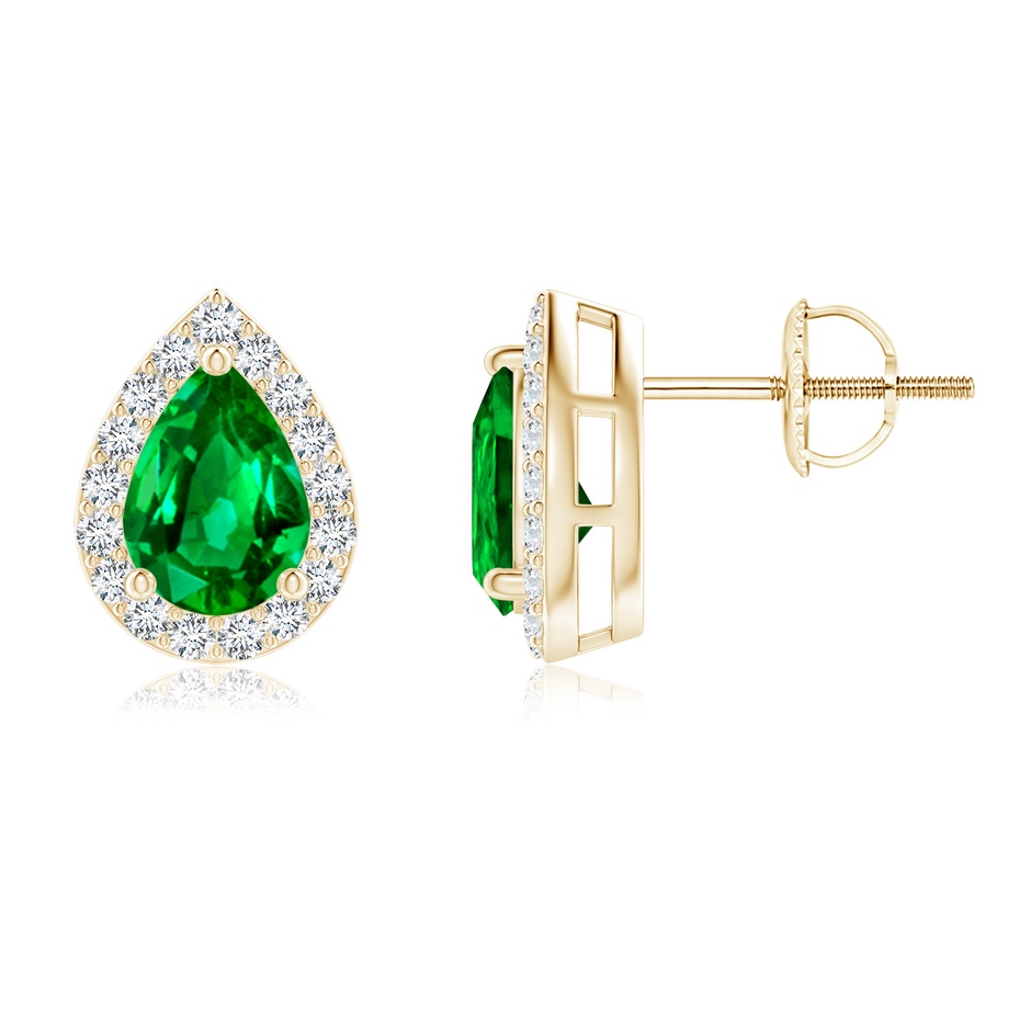 7x5mm AAAA Pear-Shaped Emerald Halo Stud Earrings in Yellow Gold 