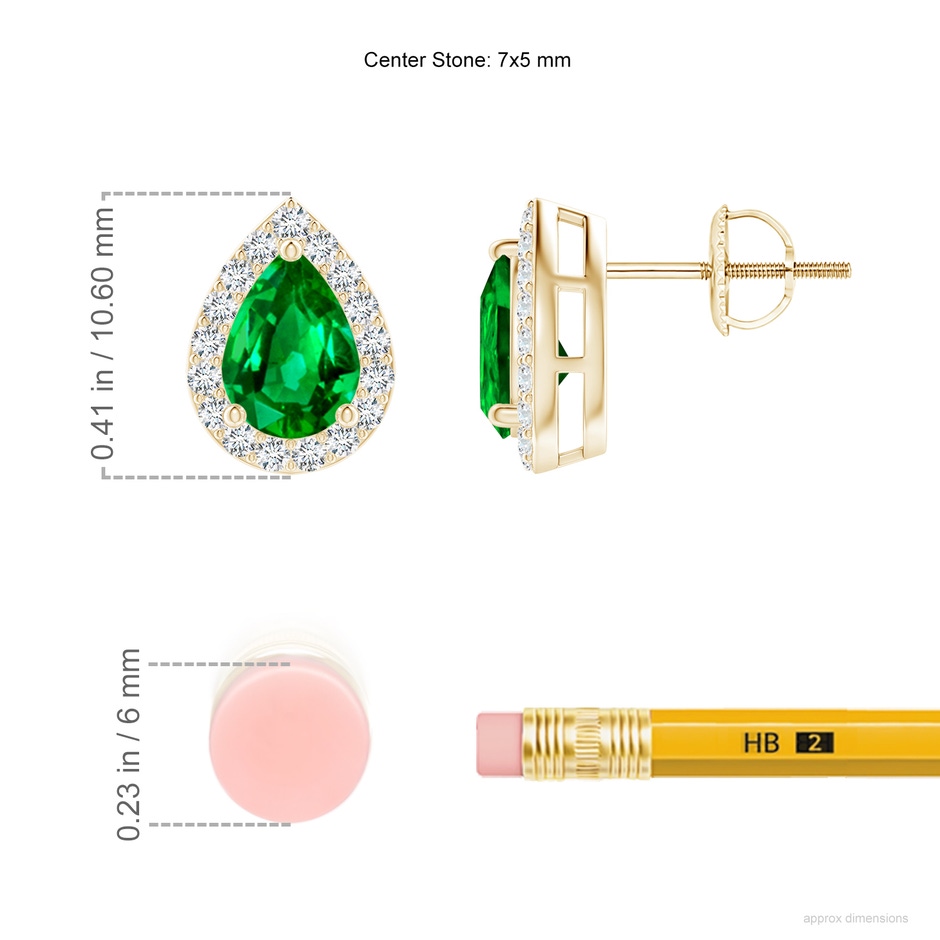 7x5mm AAAA Pear-Shaped Emerald Halo Stud Earrings in Yellow Gold ruler