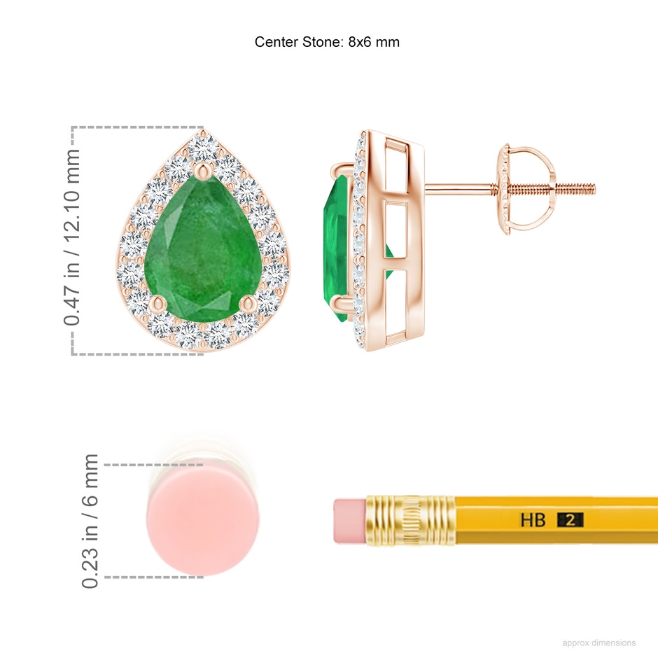 8x6mm A Pear-Shaped Emerald Halo Stud Earrings in Rose Gold ruler