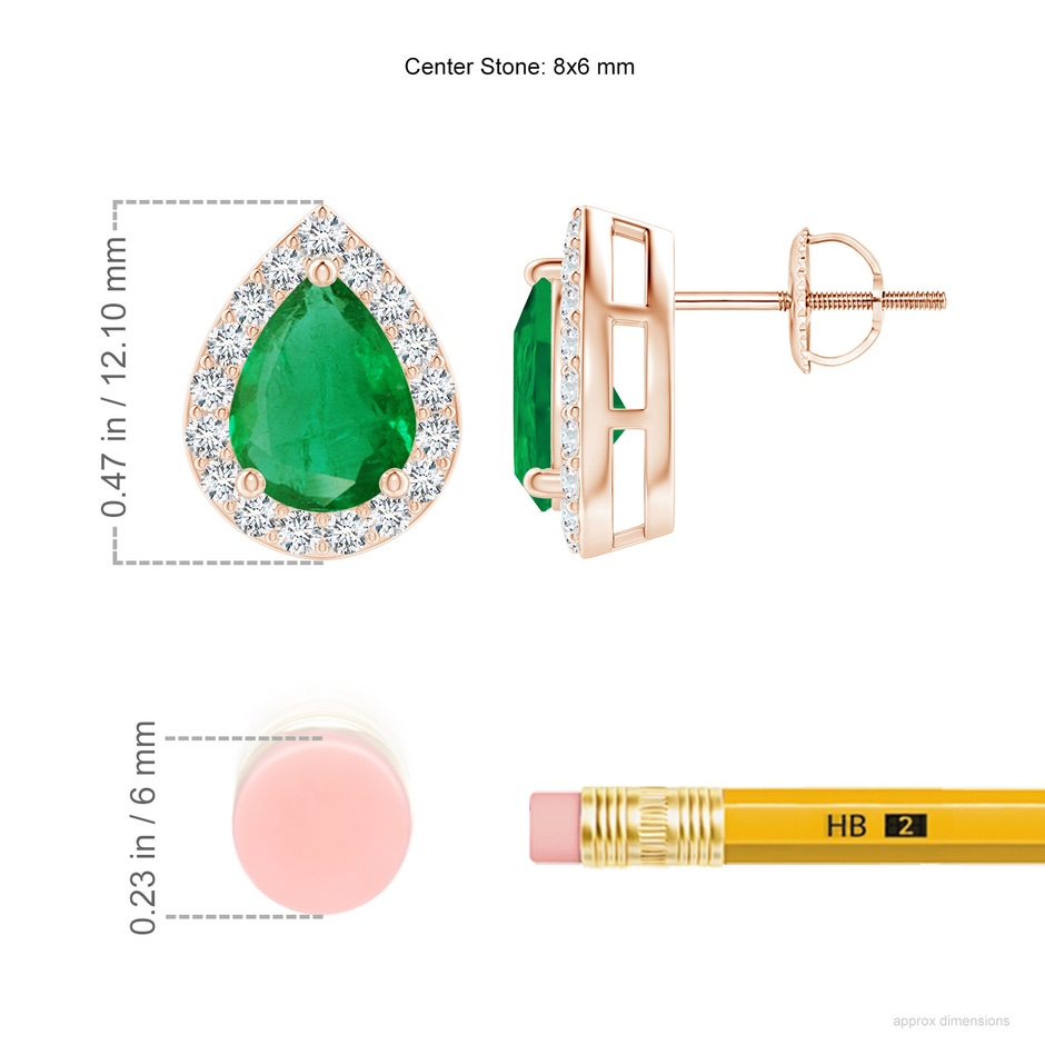 8x6mm AA Pear-Shaped Emerald Halo Stud Earrings in 18K Rose Gold ruler