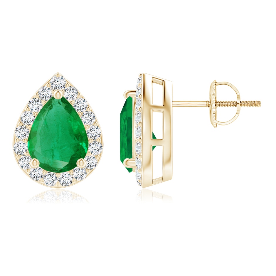 8x6mm AA Pear-Shaped Emerald Halo Stud Earrings in Yellow Gold 