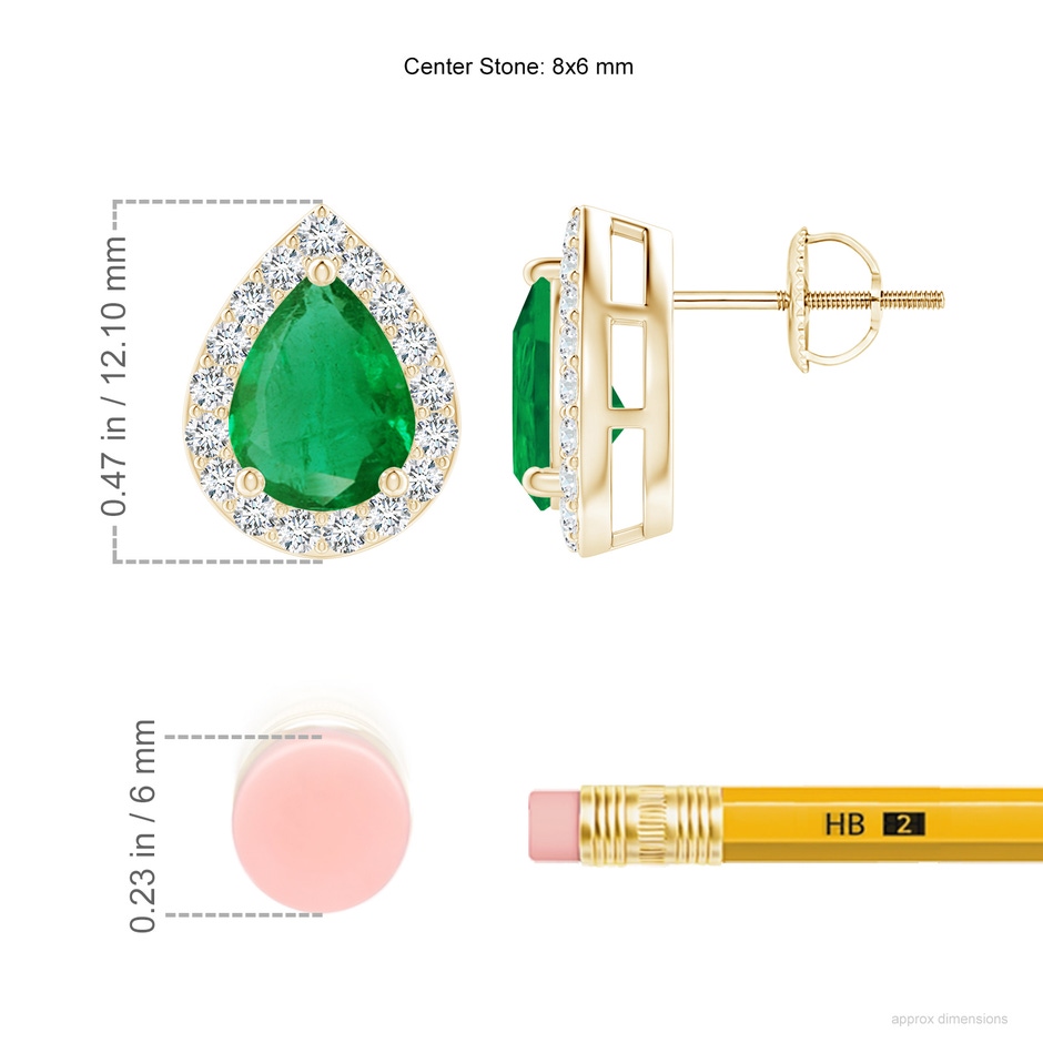 8x6mm AA Pear-Shaped Emerald Halo Stud Earrings in Yellow Gold ruler