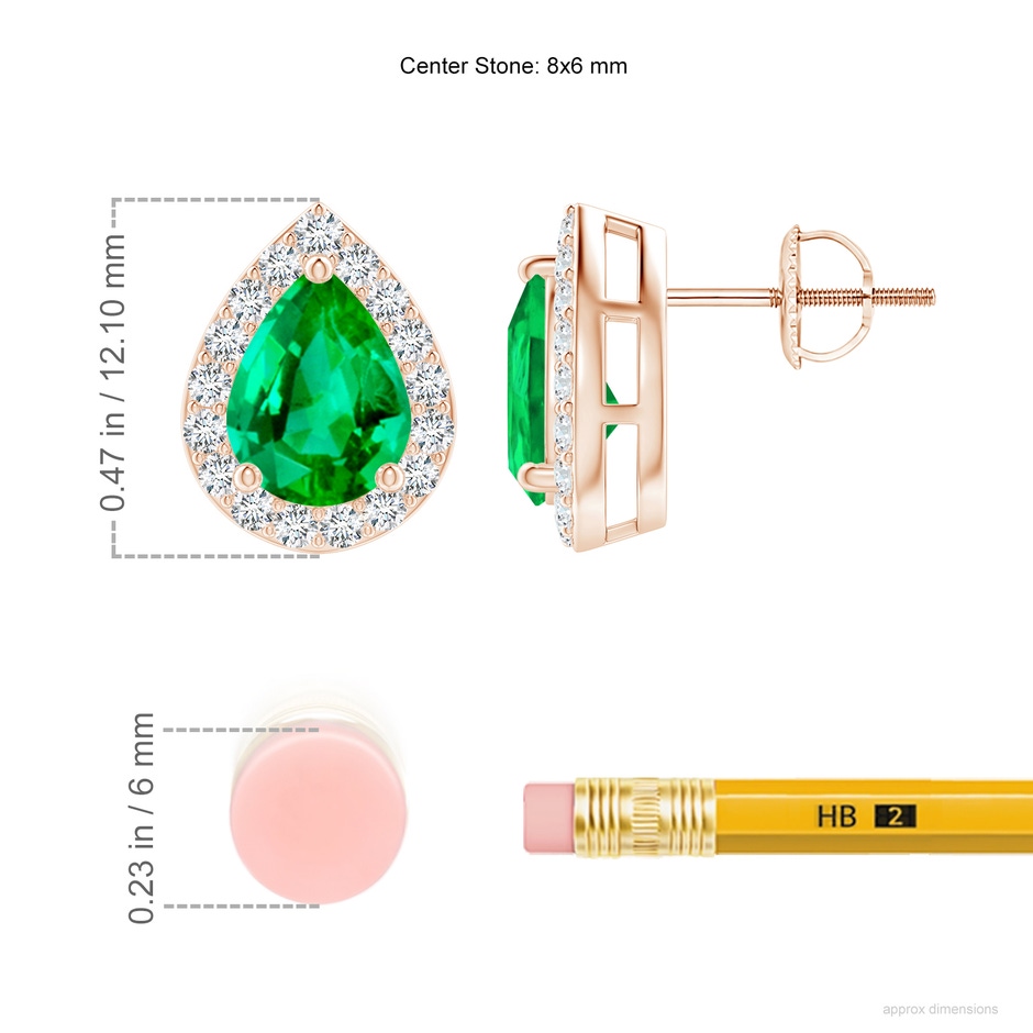 8x6mm AAA Pear-Shaped Emerald Halo Stud Earrings in Rose Gold ruler