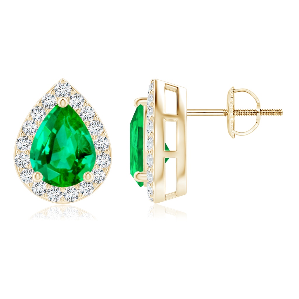8x6mm AAA Pear-Shaped Emerald Halo Stud Earrings in Yellow Gold 