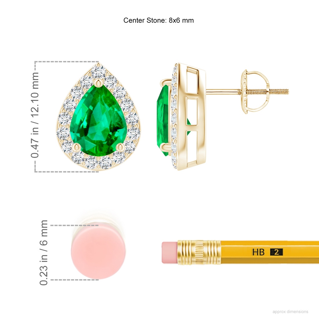 8x6mm AAA Pear-Shaped Emerald Halo Stud Earrings in Yellow Gold ruler