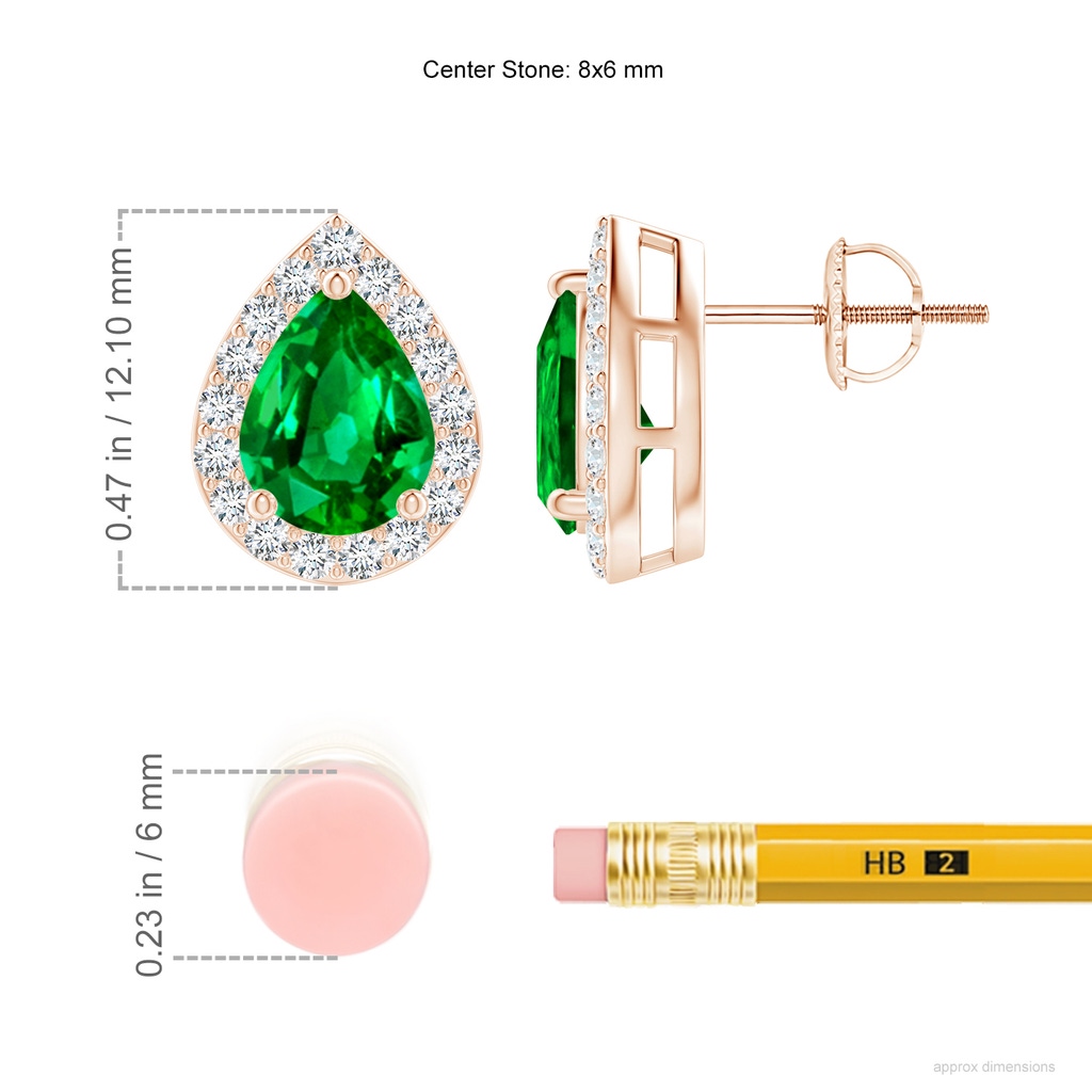 8x6mm AAAA Pear-Shaped Emerald Halo Stud Earrings in Rose Gold ruler