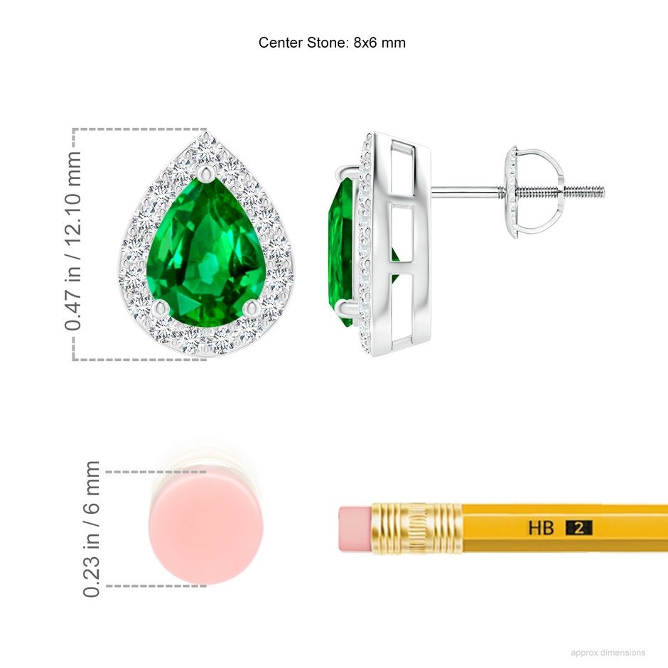 8x6mm AAAA Pear-Shaped Emerald Halo Stud Earrings in White Gold ruler