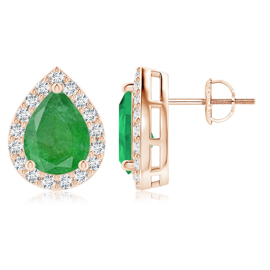 9x7mm A Pear-Shaped Emerald Halo Stud Earrings in 18K Rose Gold 