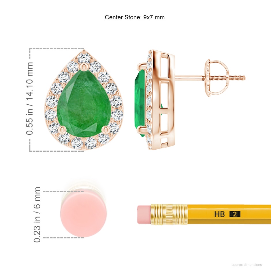 9x7mm A Pear-Shaped Emerald Halo Stud Earrings in 18K Rose Gold ruler