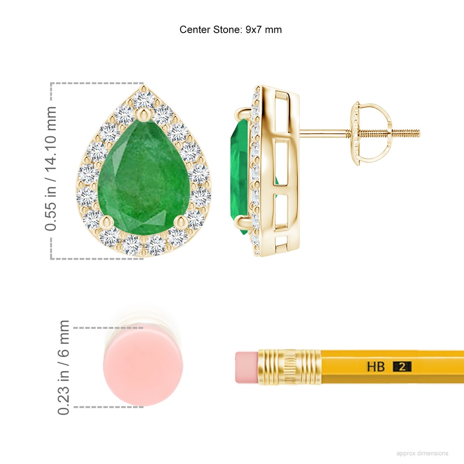 9x7mm A Pear-Shaped Emerald Halo Stud Earrings in Yellow Gold ruler