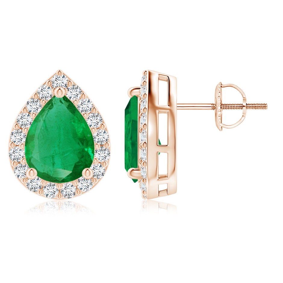 9x7mm AA Pear-Shaped Emerald Halo Stud Earrings in Rose Gold 