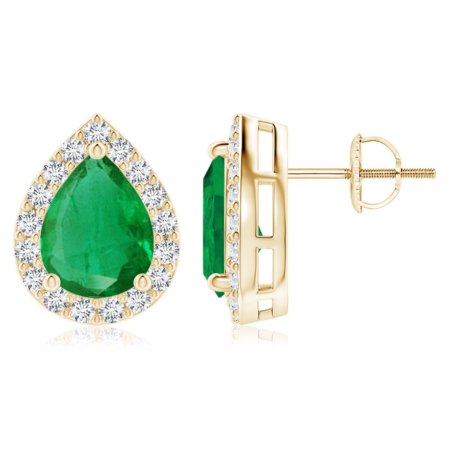 9x7mm AA Pear-Shaped Emerald Halo Stud Earrings in Yellow Gold 