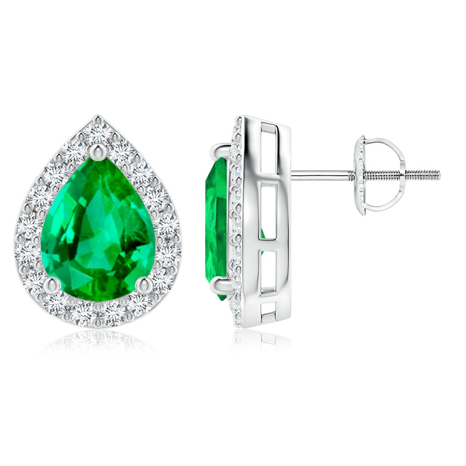 9x7mm AAA Pear-Shaped Emerald Halo Stud Earrings in P950 Platinum 