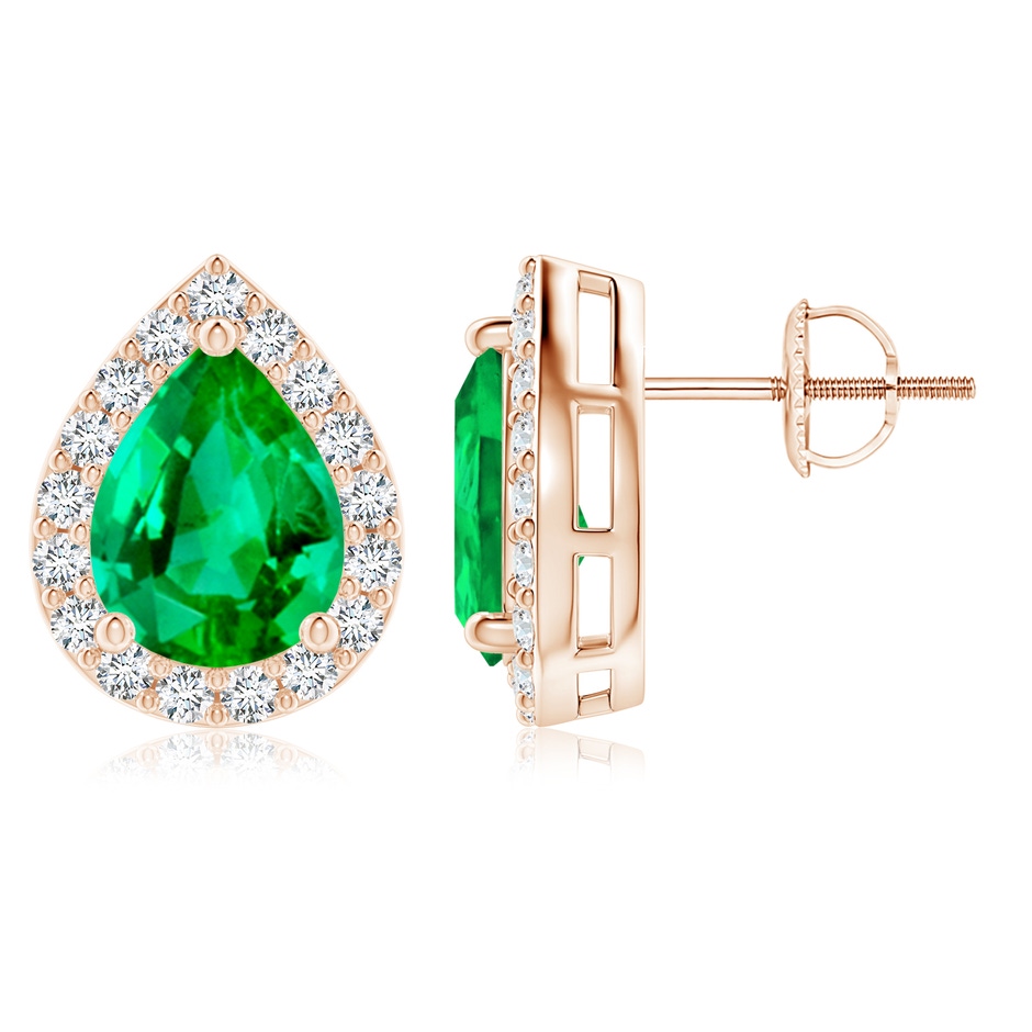 9x7mm AAA Pear-Shaped Emerald Halo Stud Earrings in Rose Gold 