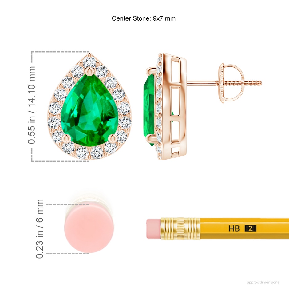 9x7mm AAA Pear-Shaped Emerald Halo Stud Earrings in Rose Gold ruler