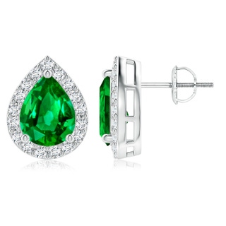 9x7mm AAAA Pear-Shaped Emerald Halo Stud Earrings in P950 Platinum