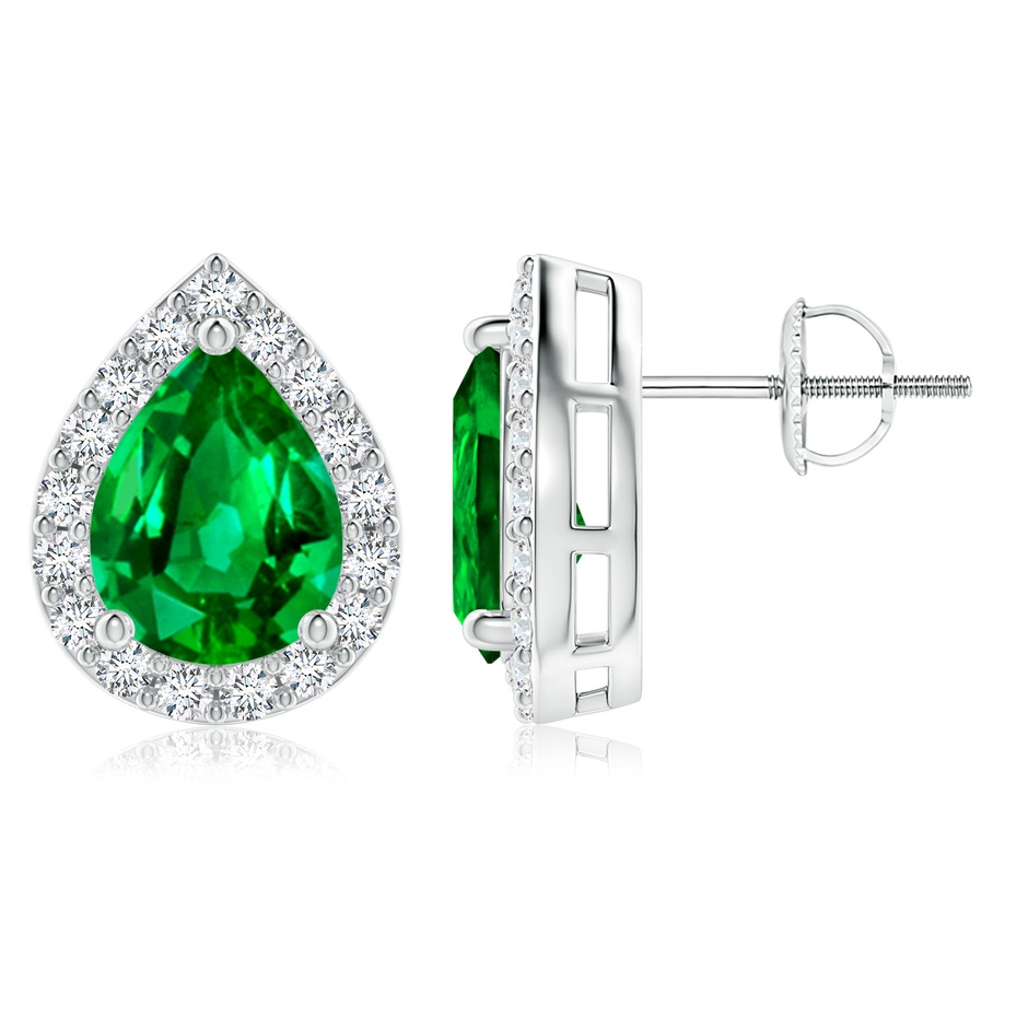 9x7mm AAAA Pear-Shaped Emerald Halo Stud Earrings in P950 Platinum 