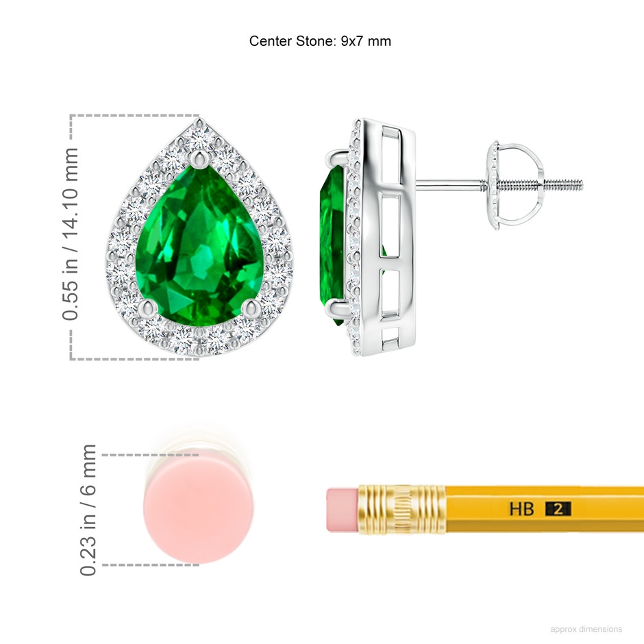 9x7mm AAAA Pear-Shaped Emerald Halo Stud Earrings in P950 Platinum ruler