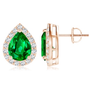 9x7mm AAAA Pear-Shaped Emerald Halo Stud Earrings in Rose Gold