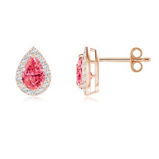 6x4mm AAAA Pear-Shaped Fancy Intense Pink Diamond Halo Stud Earrings in Rose Gold