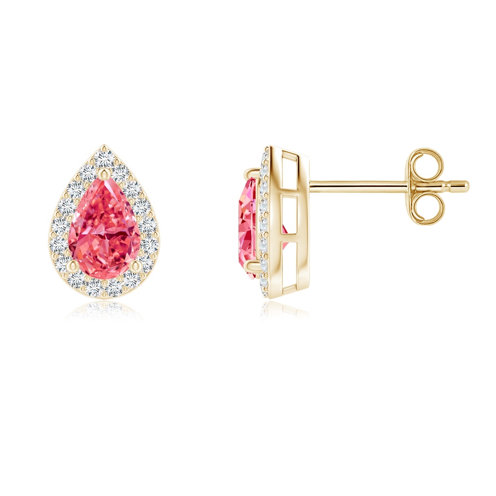6x4mm AAAA Pear-Shaped Fancy Intense Pink Diamond Halo Stud Earrings in Yellow Gold