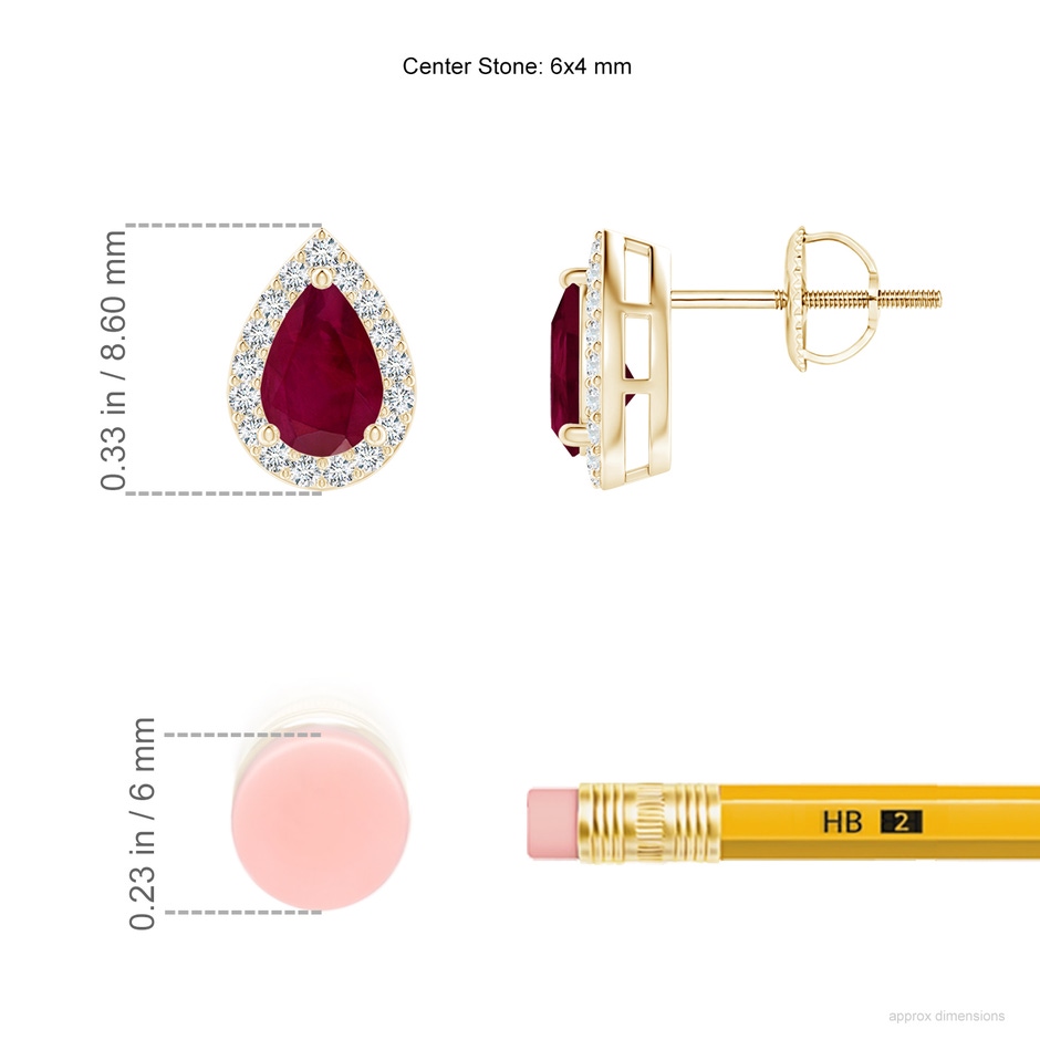 6x4mm A Pear-Shaped Ruby Halo Stud Earrings in Yellow Gold ruler