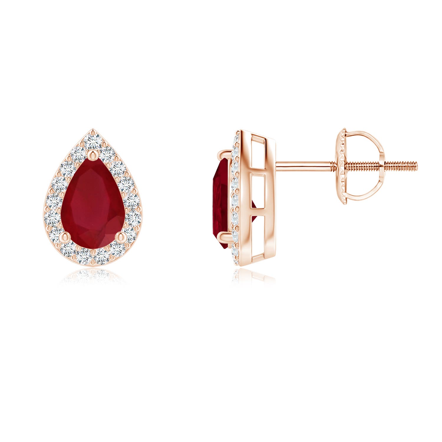 6x4mm AA Pear-Shaped Ruby Halo Stud Earrings in 18K Rose Gold