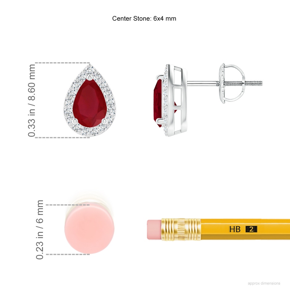6x4mm AA Pear-Shaped Ruby Halo Stud Earrings in P950 Platinum ruler