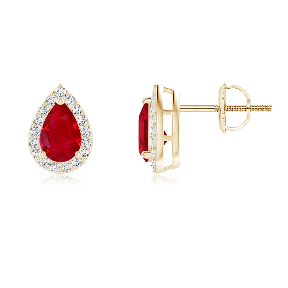 6x4mm AAA Pear-Shaped Ruby Halo Stud Earrings in Yellow Gold 