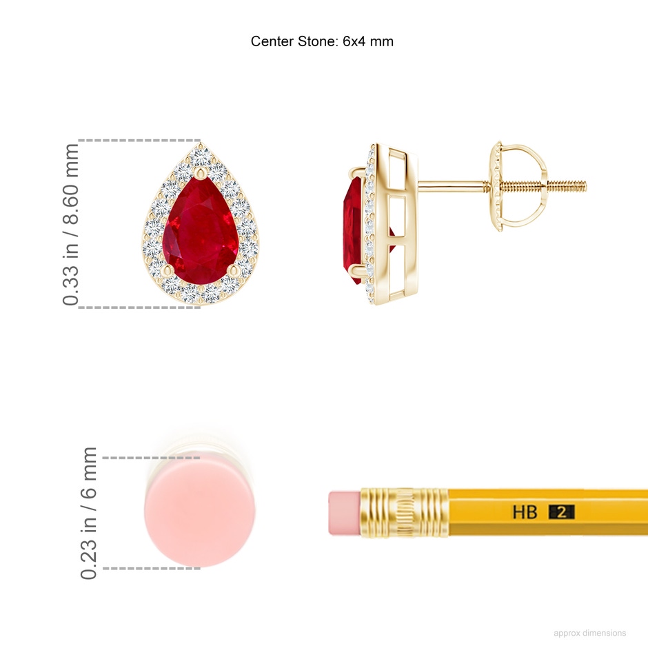 6x4mm AAA Pear-Shaped Ruby Halo Stud Earrings in Yellow Gold ruler