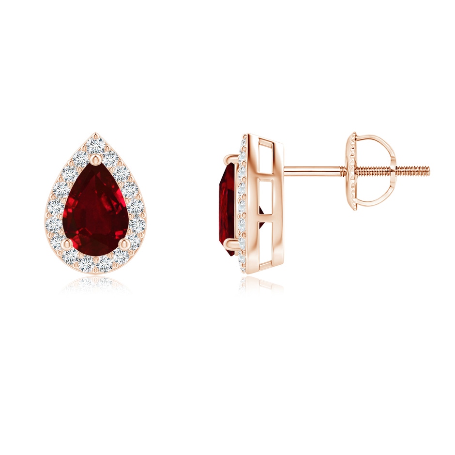 6x4mm AAAA Pear-Shaped Ruby Halo Stud Earrings in 18K Rose Gold 