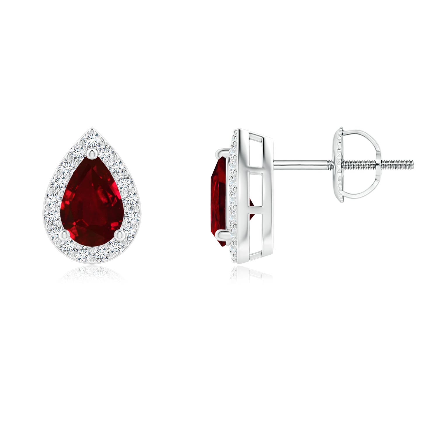 6x4mm AAAA Pear-Shaped Ruby Halo Stud Earrings in 18K White Gold