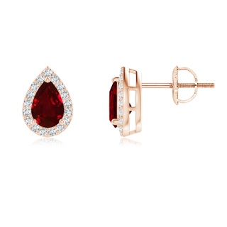 6x4mm AAAA Pear-Shaped Ruby Halo Stud Earrings in Rose Gold