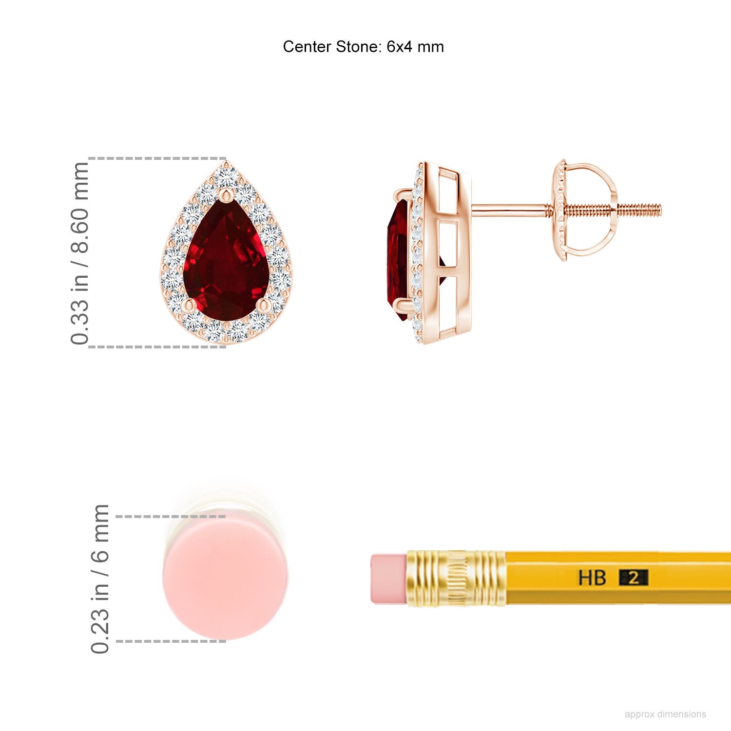 6x4mm AAAA Pear-Shaped Ruby Halo Stud Earrings in Rose Gold - ruler