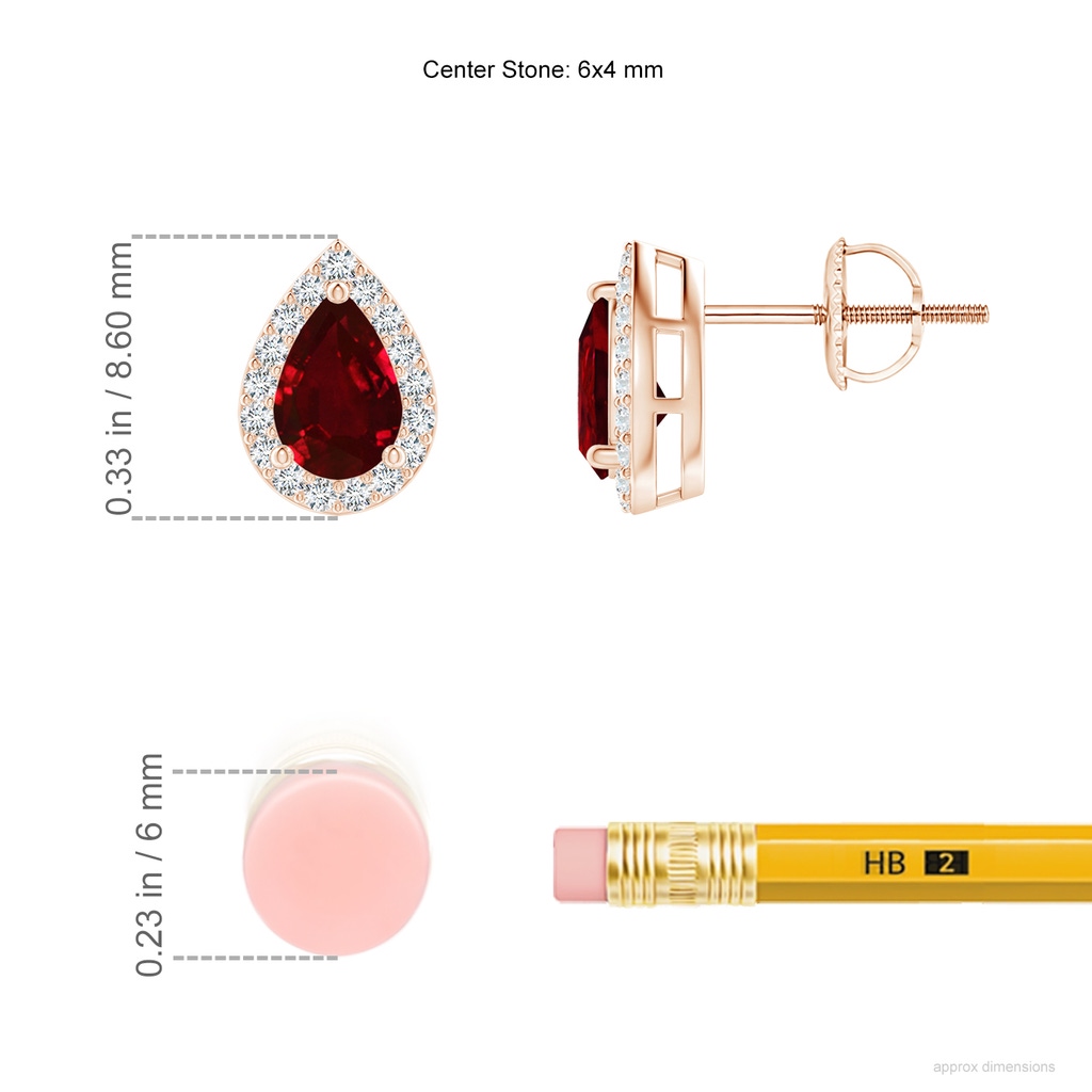 6x4mm AAAA Pear-Shaped Ruby Halo Stud Earrings in Rose Gold ruler