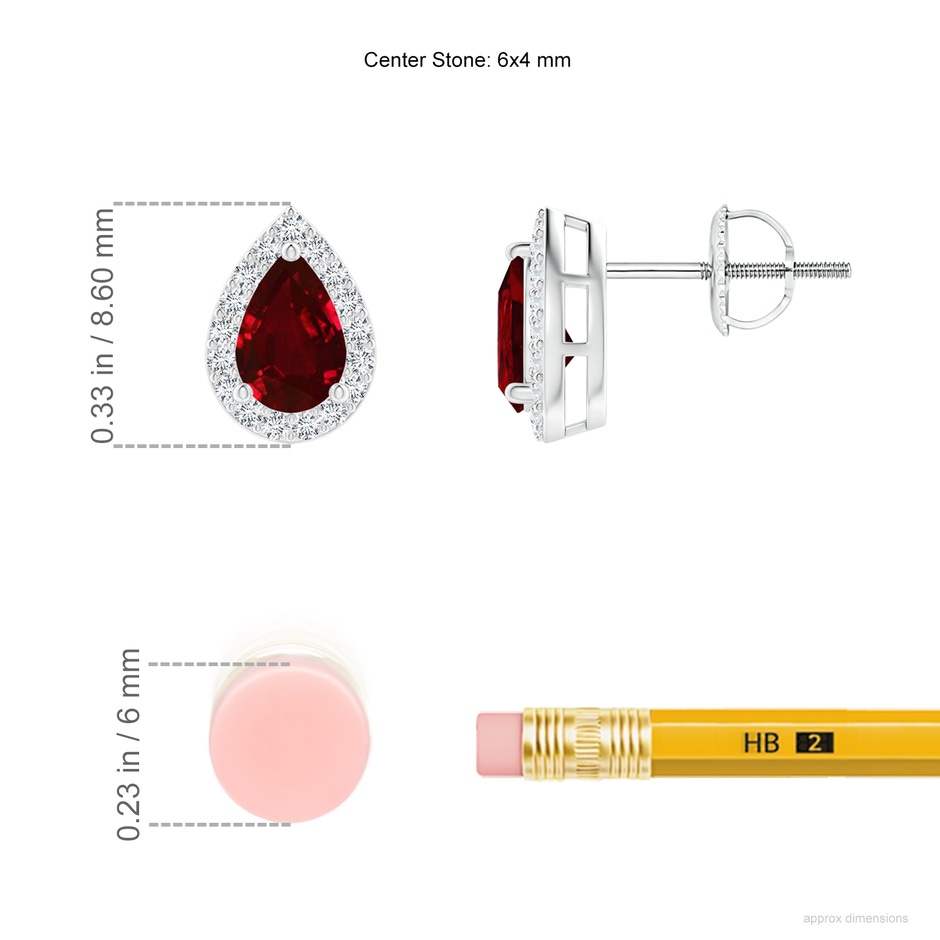 6x4mm AAAA Pear-Shaped Ruby Halo Stud Earrings in White Gold ruler