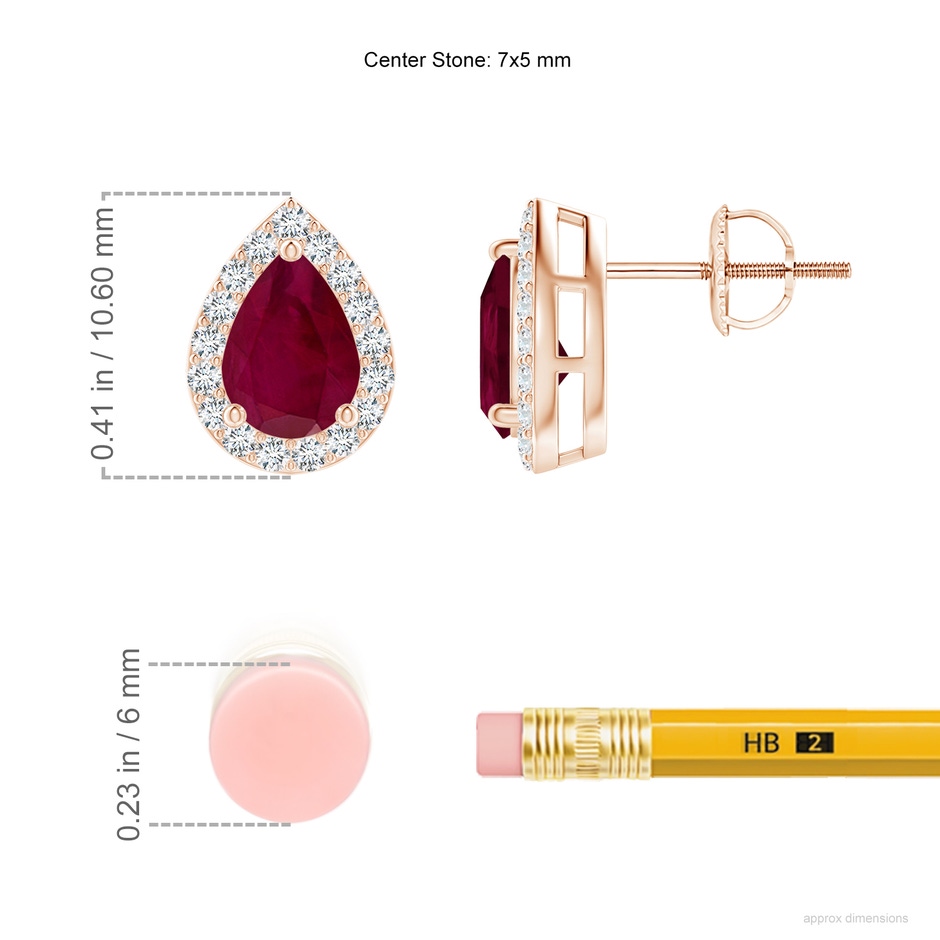 7x5mm A Pear-Shaped Ruby Halo Stud Earrings in Rose Gold ruler