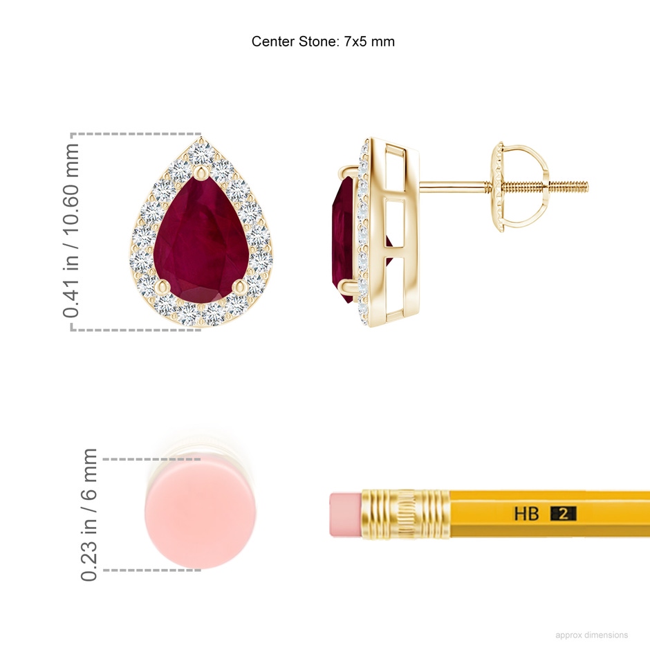7x5mm A Pear-Shaped Ruby Halo Stud Earrings in Yellow Gold ruler