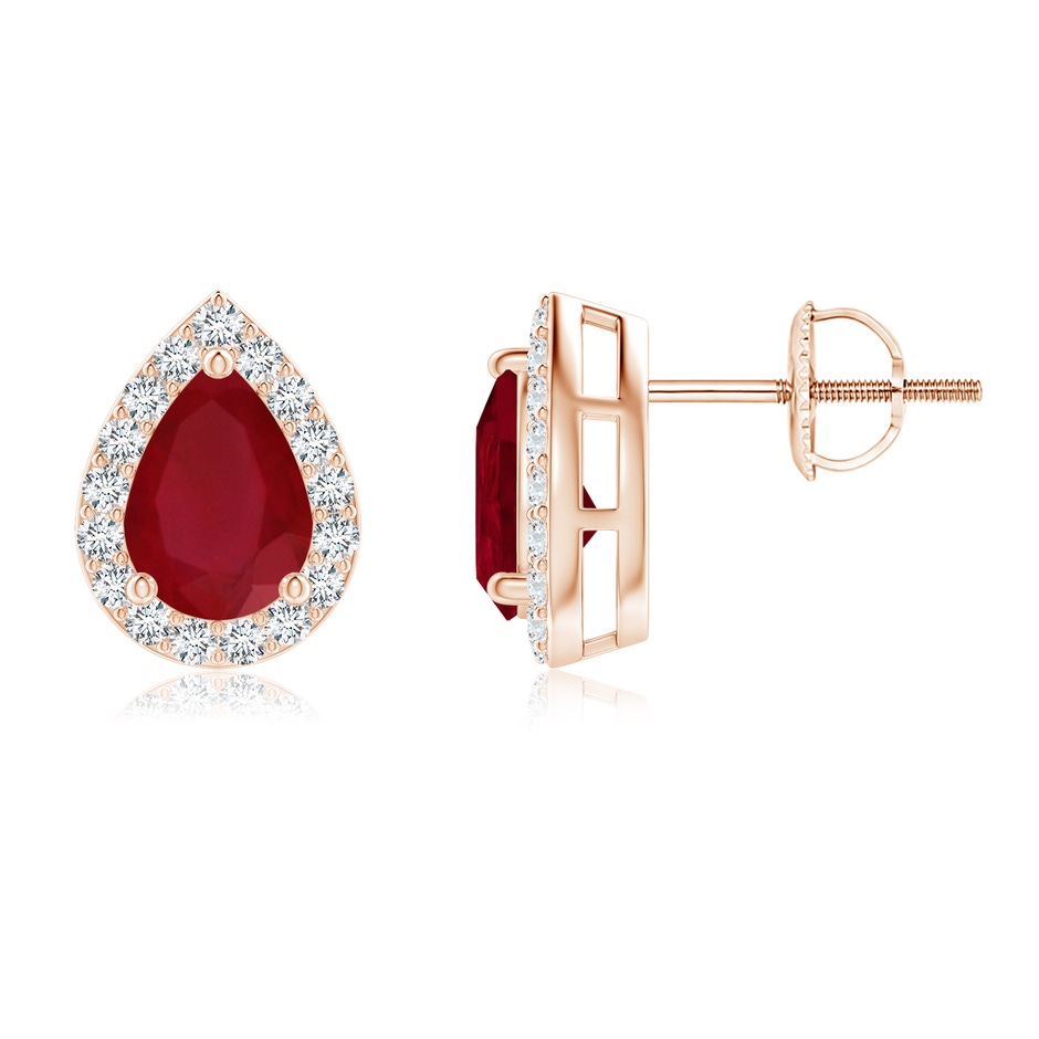 7x5mm AA Pear-Shaped Ruby Halo Stud Earrings in Rose Gold 