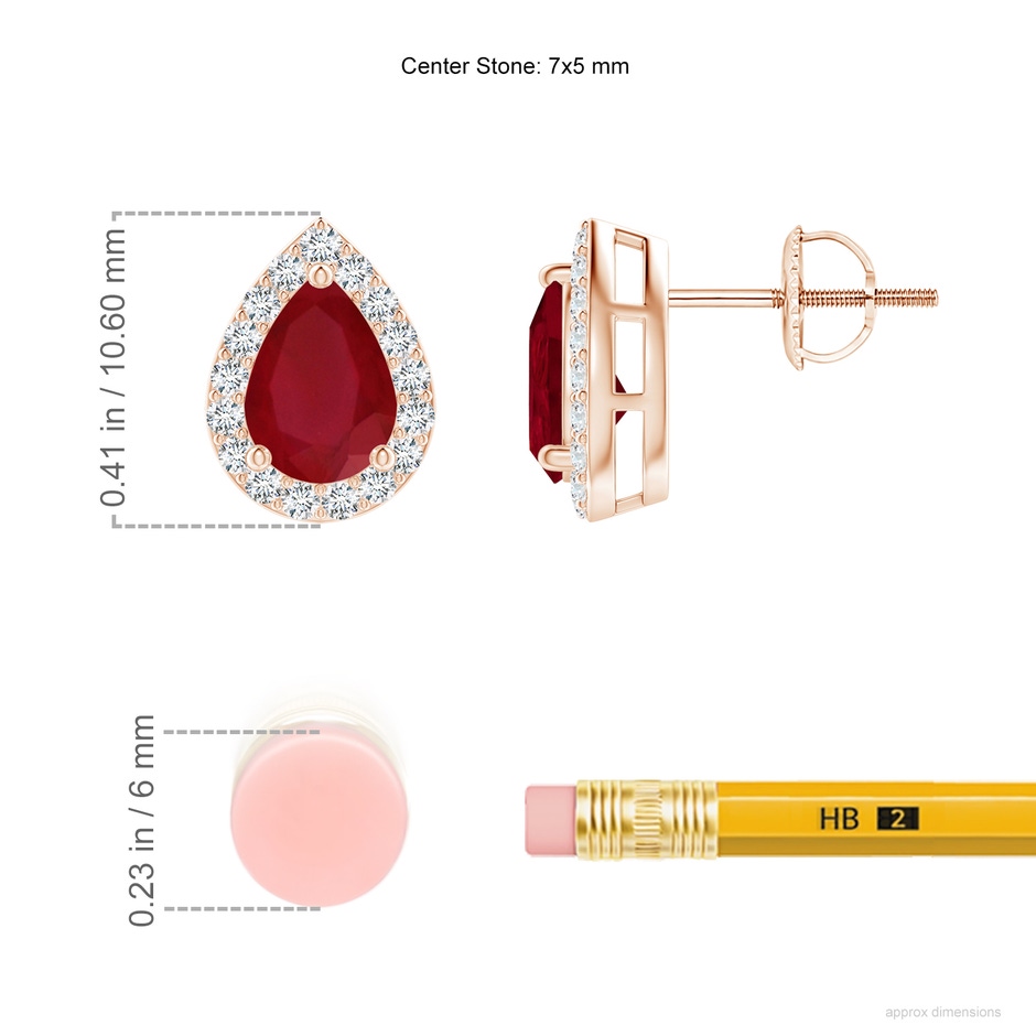 7x5mm AA Pear-Shaped Ruby Halo Stud Earrings in Rose Gold ruler