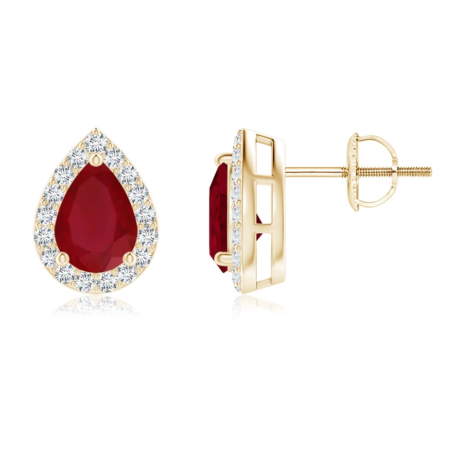 7x5mm AA Pear-Shaped Ruby Halo Stud Earrings in Yellow Gold 