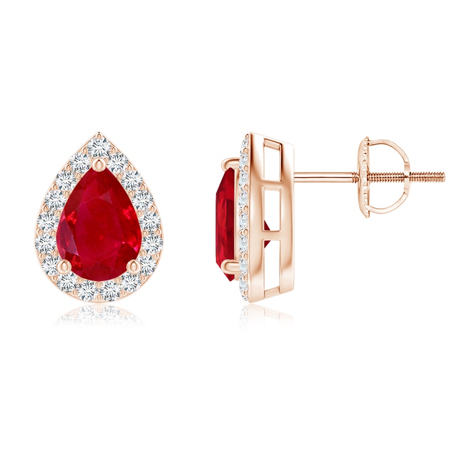 7x5mm AAA Pear-Shaped Ruby Halo Stud Earrings in Rose Gold 