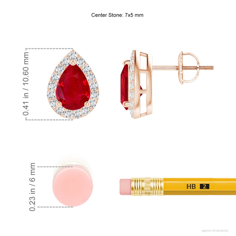 7x5mm AAA Pear-Shaped Ruby Halo Stud Earrings in Rose Gold ruler